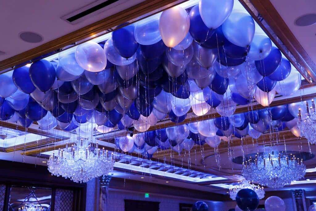 Navy and Silver Ceiling Balloons over Dance Floor for Bar Mitzvah at Seasons Catering, NJ