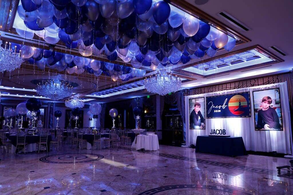 Navy and Silver Ceiling Balloons over Dance Floor for Bar Mitzvah at Seasons Catering, NJ