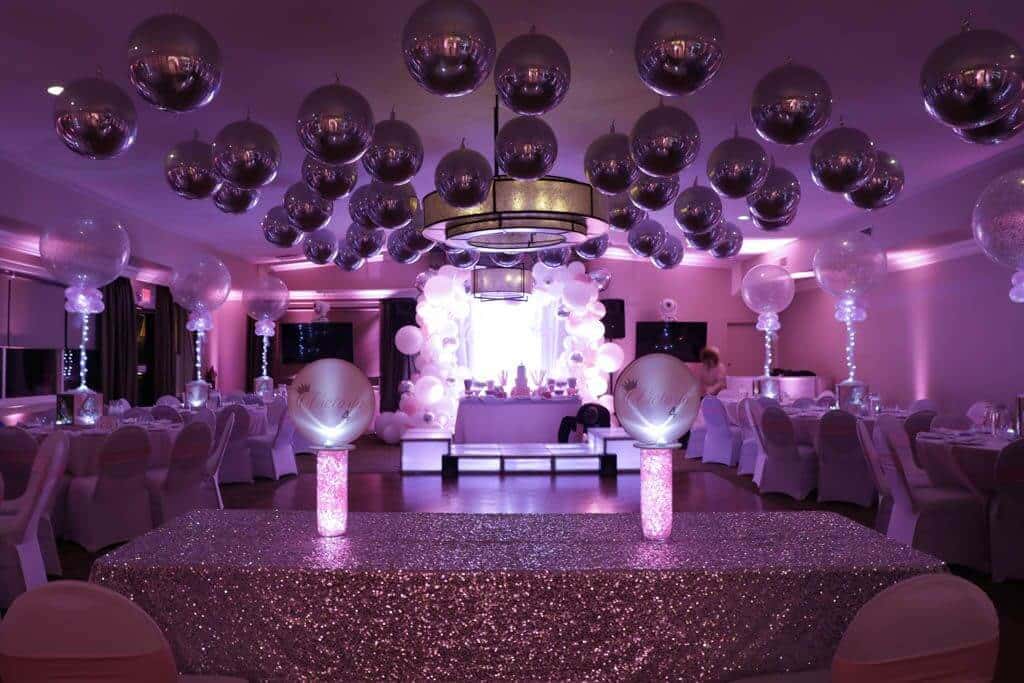 Silver Metallic Balloon Orbz over Dance Floor for 4th Birthday at Pomona Park Clubhouse