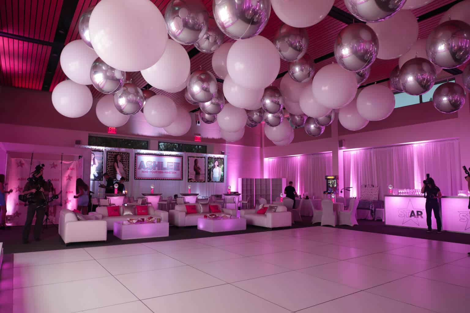 White and Silver Orbz Balloon Treatment over Dance Floor at Temple Beth El, Chappaqua