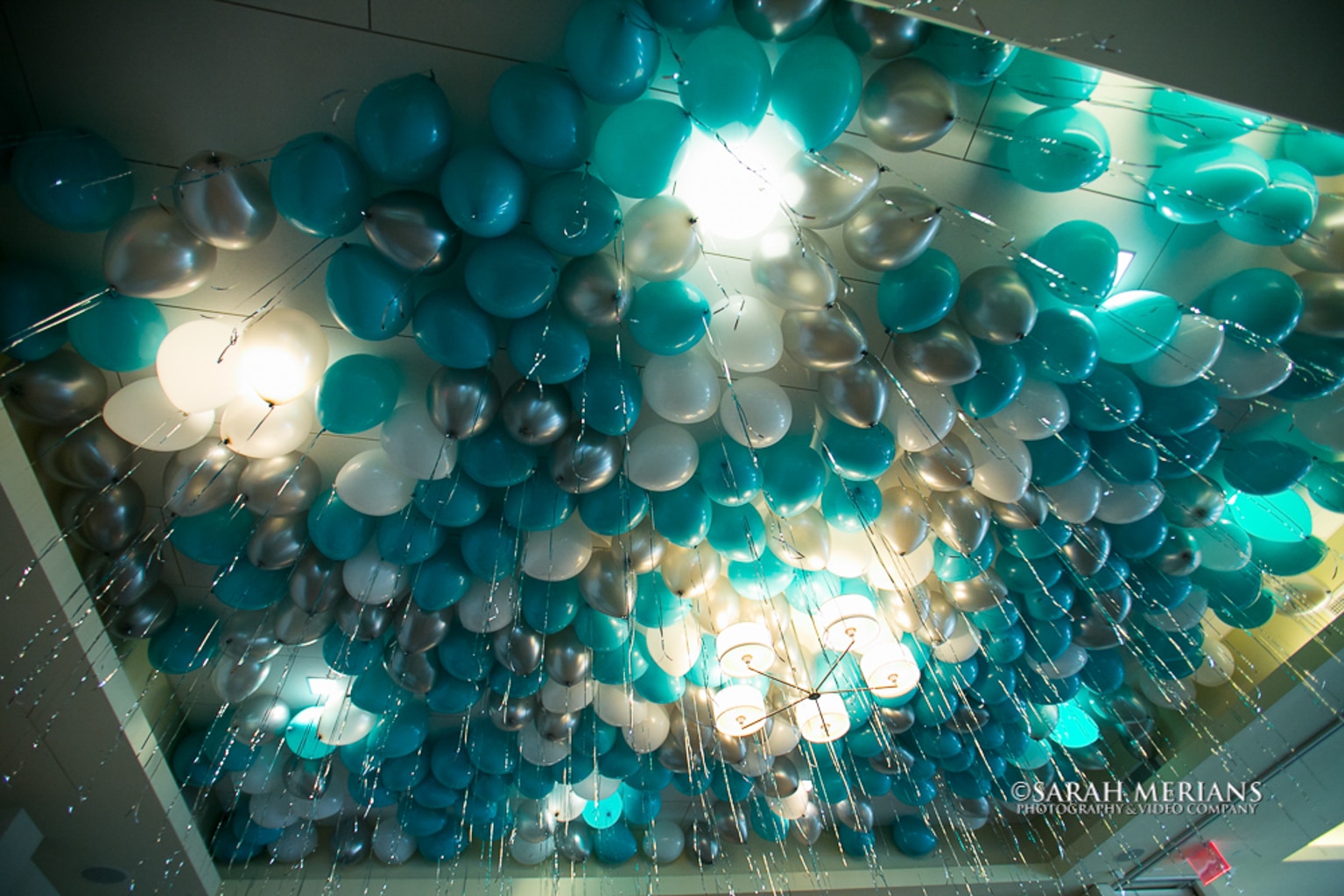 Turquoise and Silver Ceiling Balloons with Shimmer Ribbon