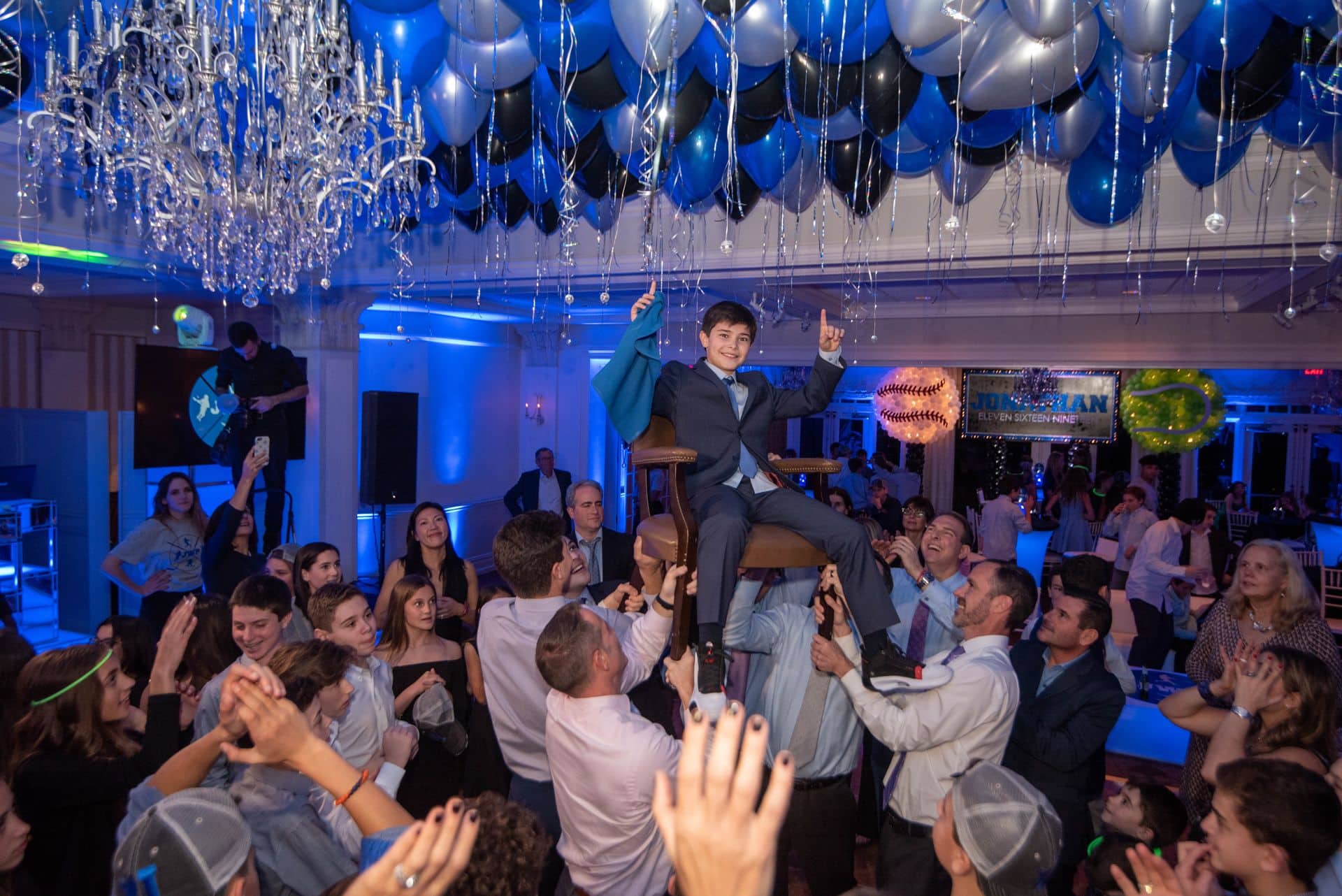 Loose Ceiling Balloons with Ribbons over Dance Floor for Bar Mitzvah at Preakness Hills. Country Club