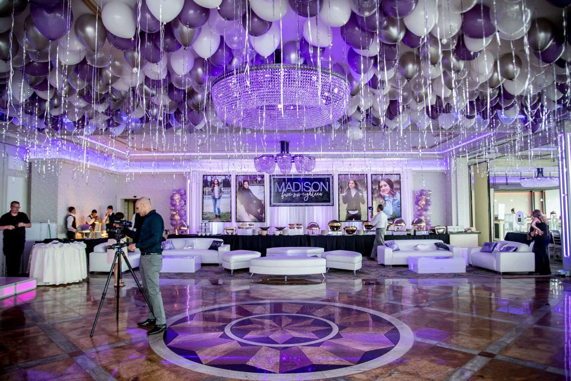 Lavender, Silver and White Ceiling Balloons with Shimmer Ribbon for Bat Mitzvah at Marina Del Ray