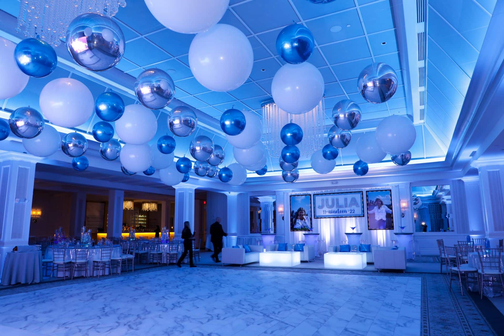 White, Blue and Silver Ceiling Balloon Treatment over Dance Floor at Edgewood Country club