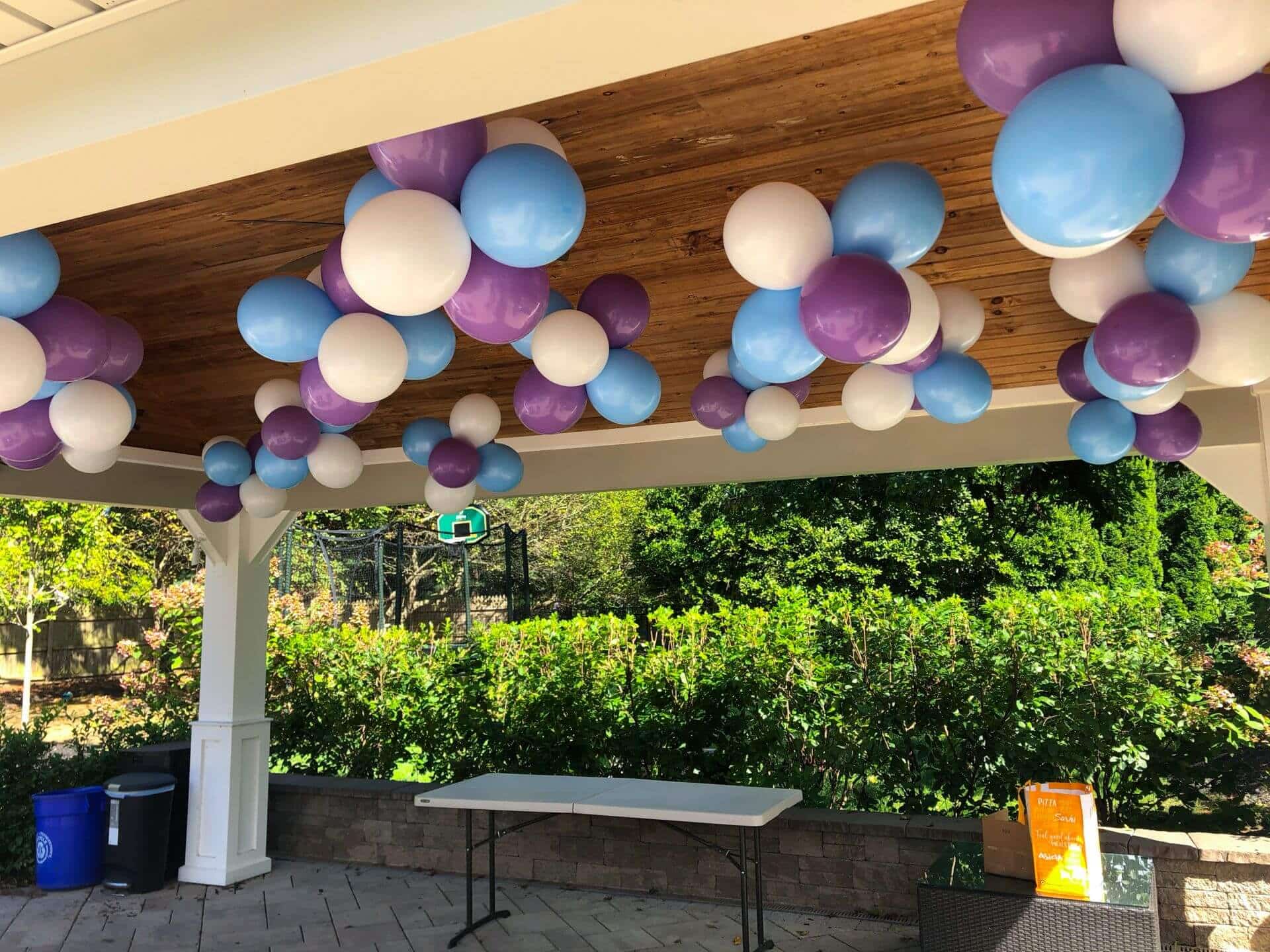 Lavender and Pale Blue Ceiling Balloon Clusters for Outdoor Bat Mitzvah
