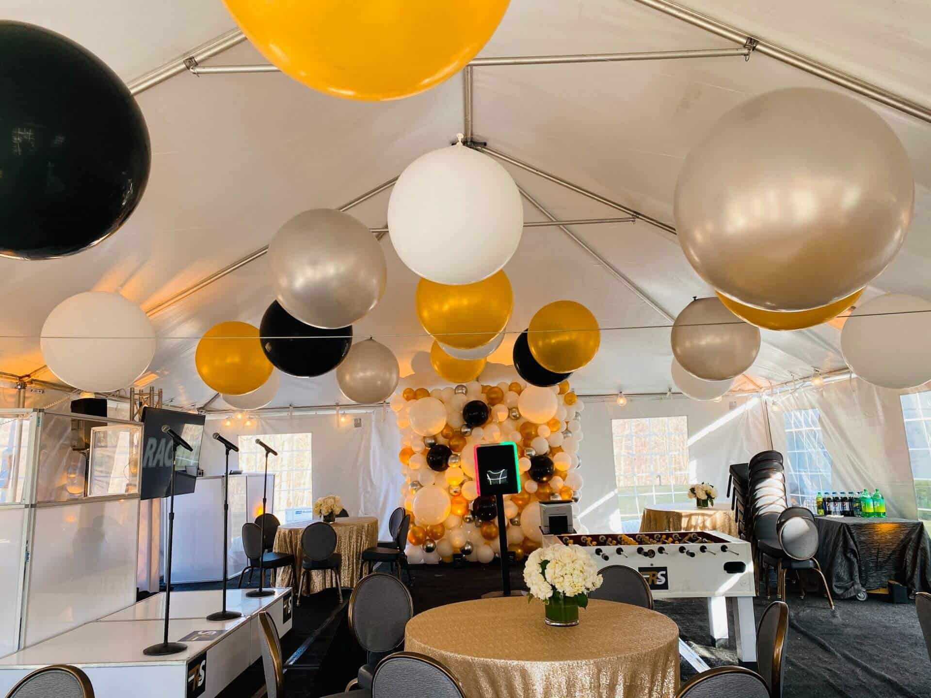 Large White, Black, Yellow and Gold Balloons Ceiling Treatment for Tent Bat Mitzvah