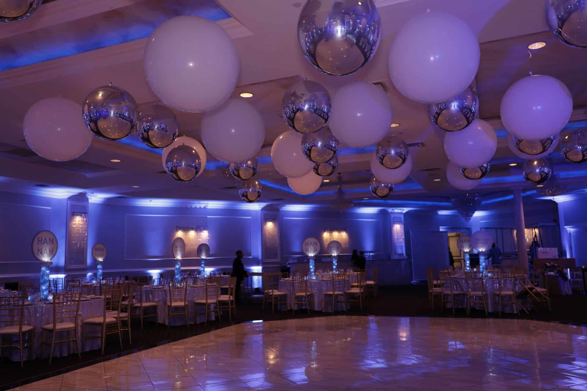 White and Silver Ceiling Balloons and Blue Uplighting at Wilshire Grand, West Orange
