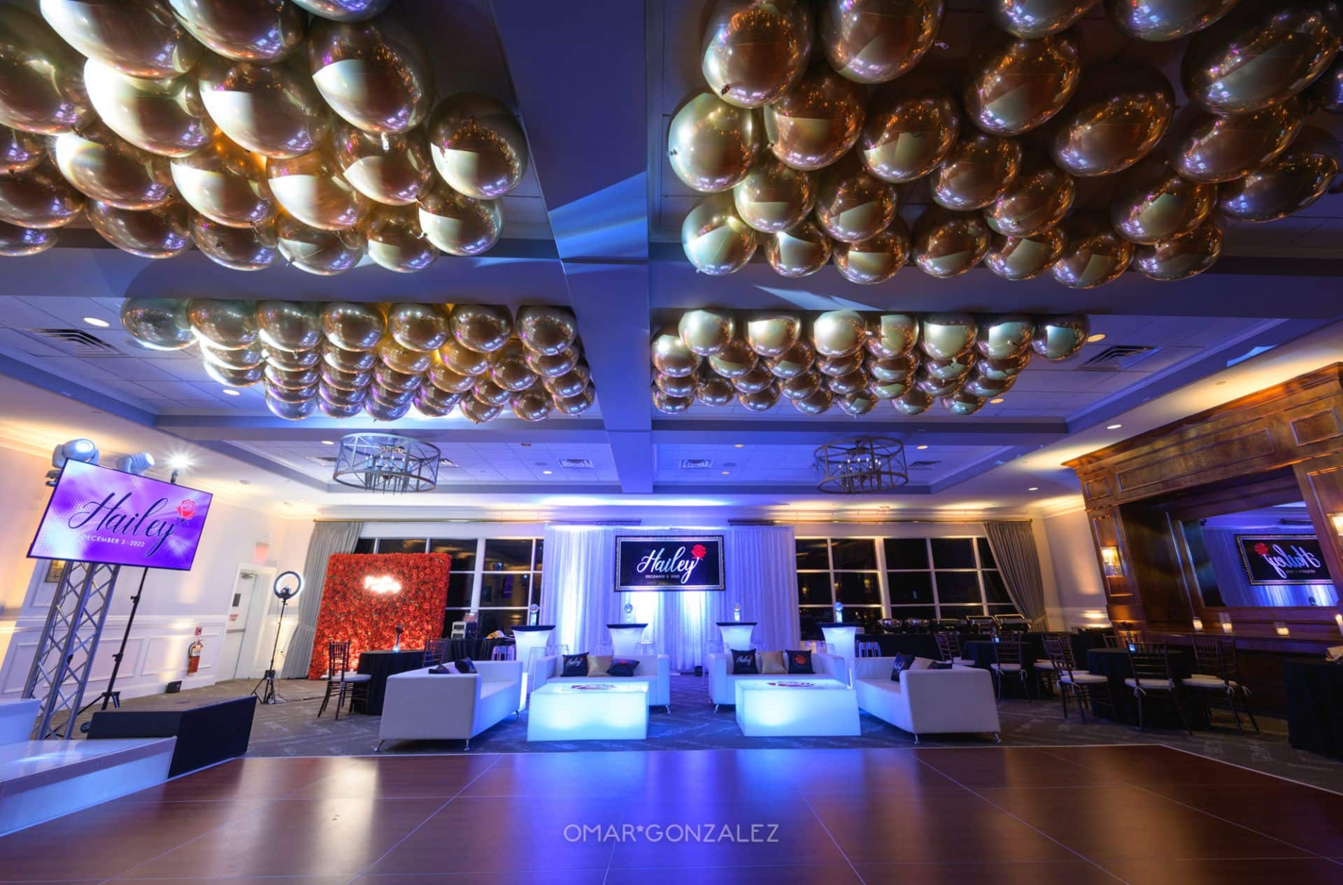 Loose Gold Metallic Orbz on Ceiling over Dance Floor for Rose Themed Bat Mitzvah Paramount Country Club