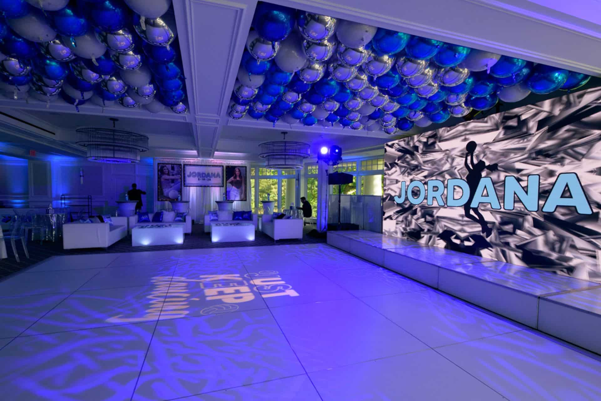 Bat Mitzvah Ceiling Orbz Balloons over Dance Floor