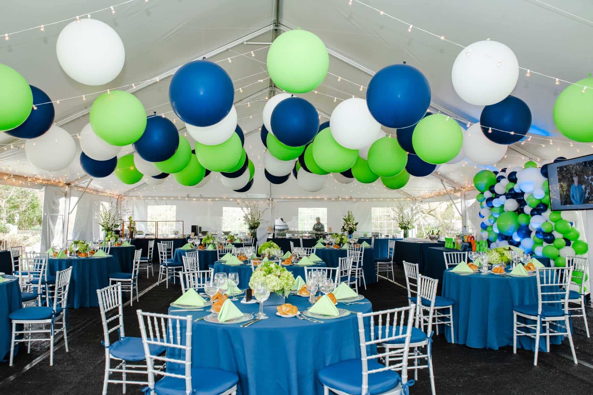 While, Navy Blue and Green Large Balloons on Tent Ceiling For Outdoor Bar Mitzvah Decor