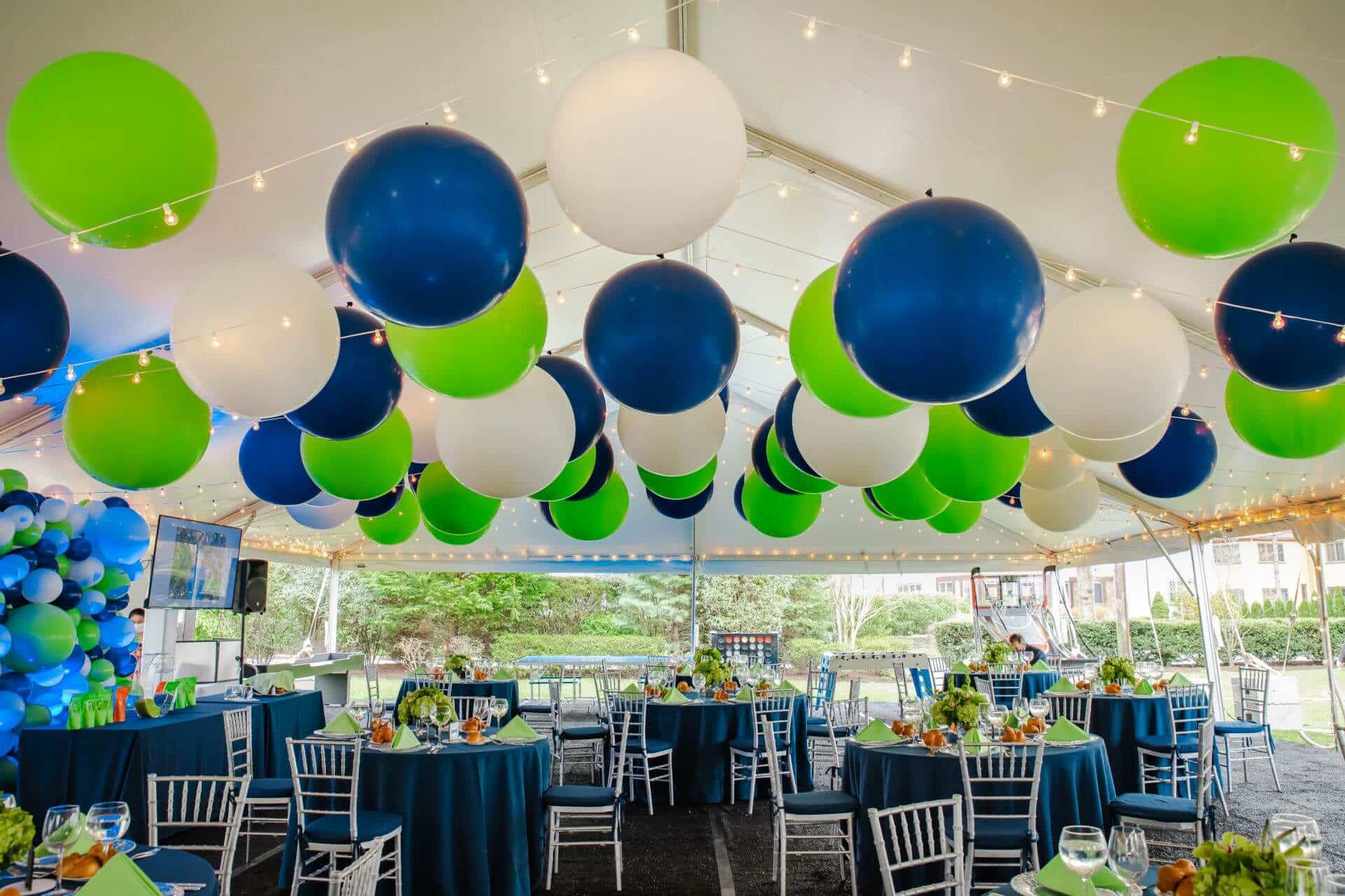 While, Navy Blue and Green Large Balloons on Tent Ceiling For Outdoor Bar Mitzvah Decor