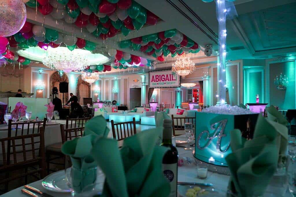 Pink and Mint Green Ceiling Balloons with Silver Shimmer Ribbon over Dance Floor at Primavera Regency, Stirling, NJ