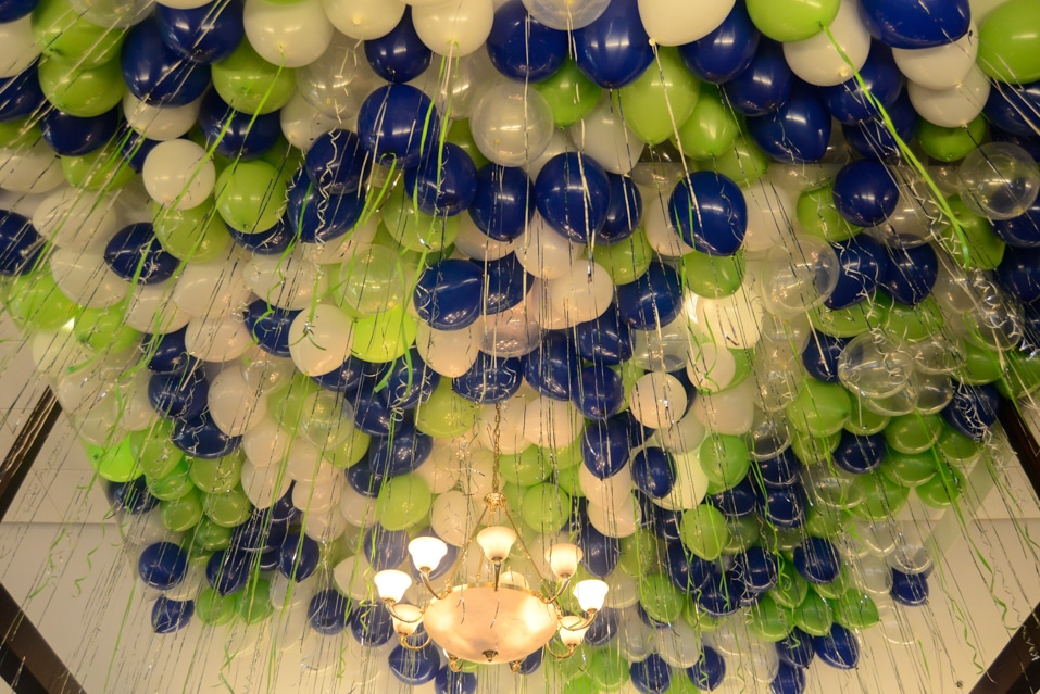 Blue and Lime Ceiling Balloons over Dance Floor with Shimmer Ribbon