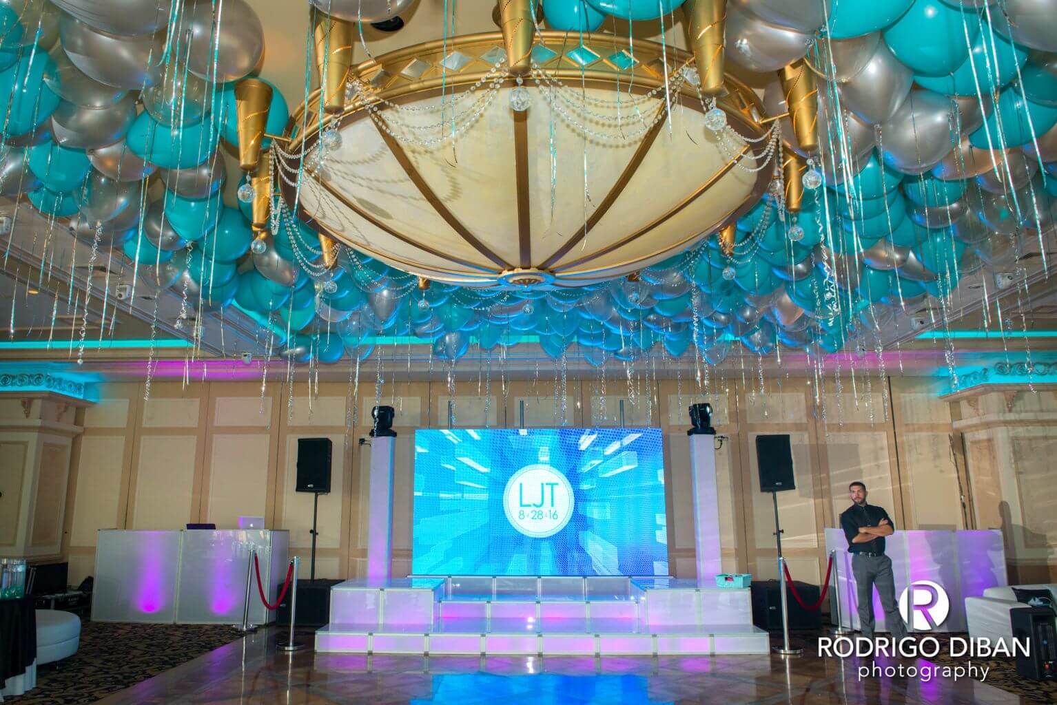 Turquoise and Silver Ceiling Balloons for Bat Mitzvah at Marina Del Ray