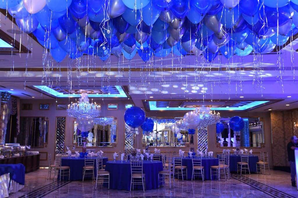Shades of Blue Ceiling Balloons with Shimmer Ribbon at Seasons, NJ