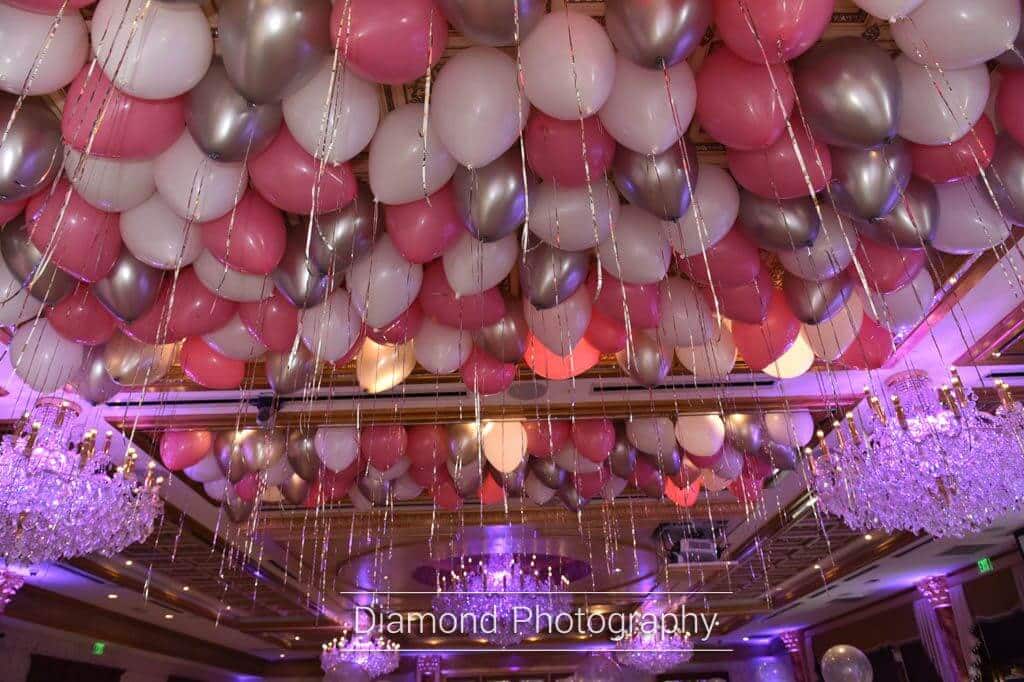 Pink and Silver Ceiling Balloons with Silver Shimmer Ribbon at Seasons Catering, NJ