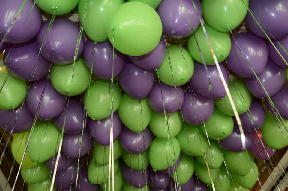 Lavender and Lime Green Loose Ceiling Balloons with Shimmer Ribbon over Dance Floor
