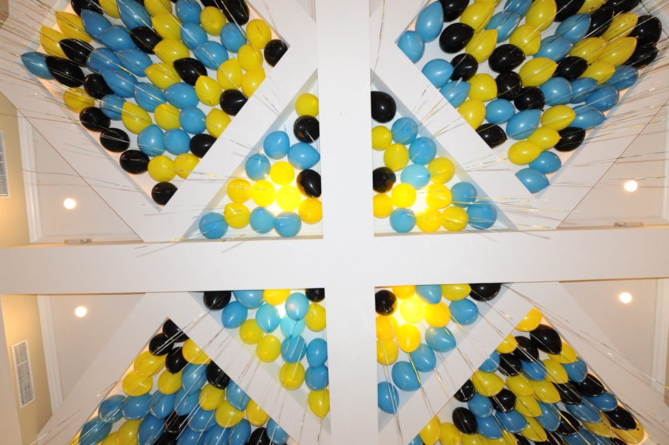 Yellow, Turquoise and Black Ceiling Balloons with Shimmer Ribbon