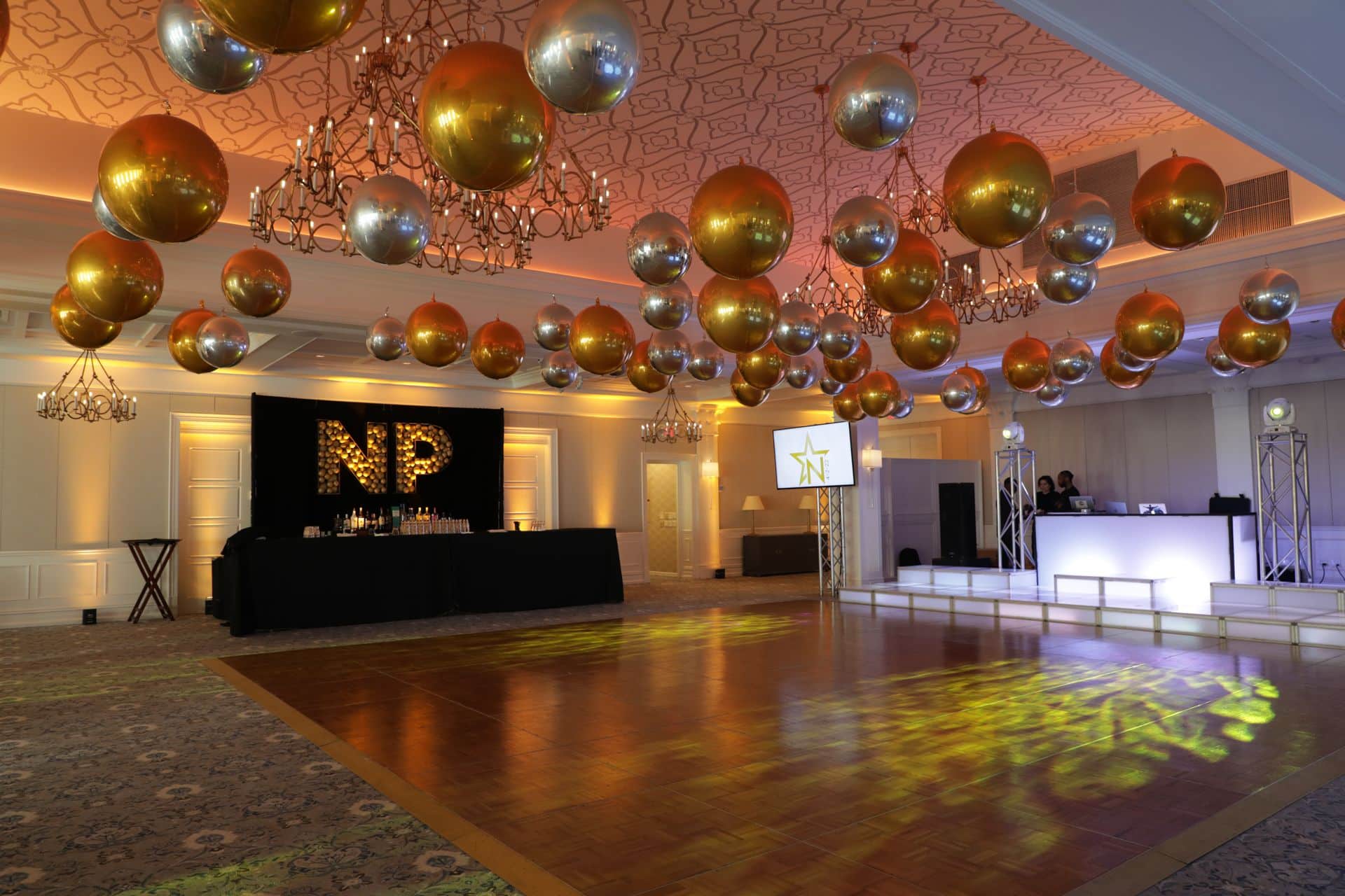 Gold and Silver Ceiling Orbz over Dance Floor at Preakness Hills Country Club