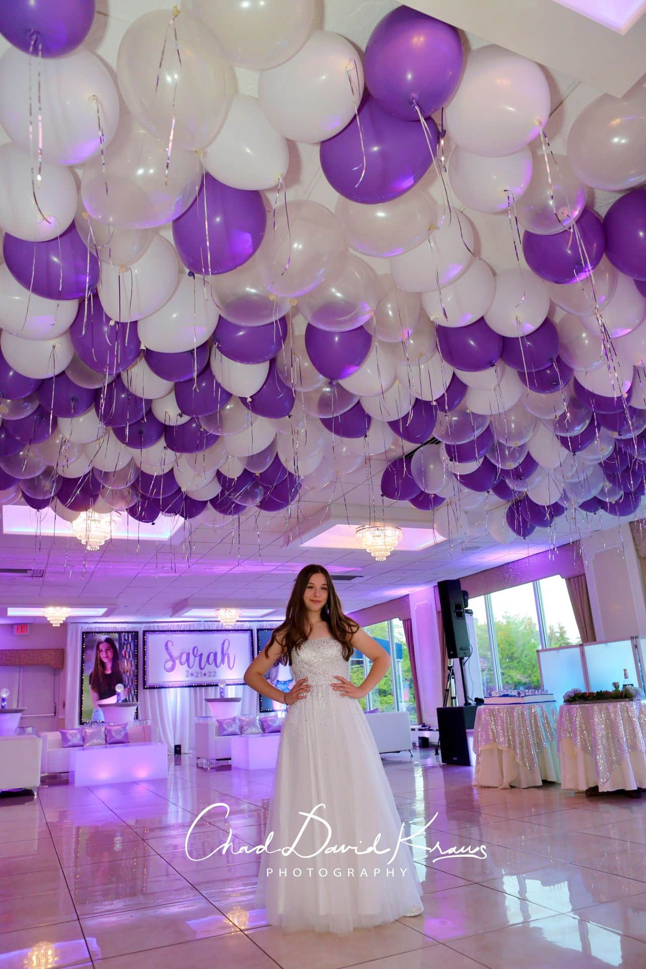 Lavender and White Ceiling Balloons over Dance Floor at Davenport Mansion