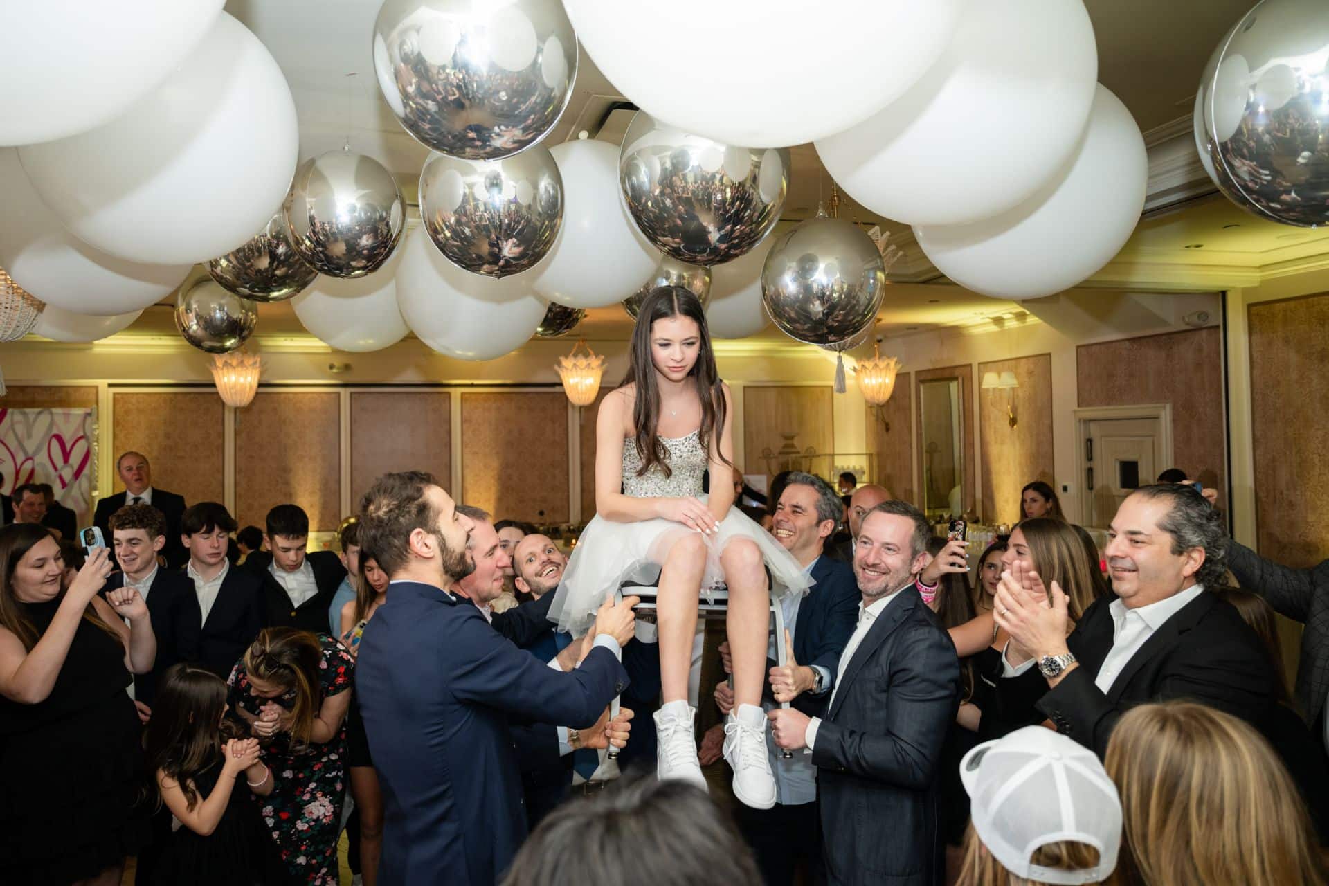 Silver and White Ceiling Balloons for Bat Mitzvah