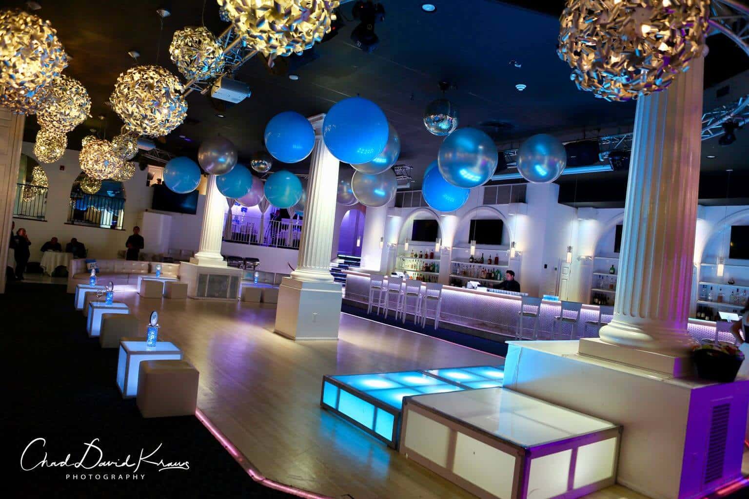 Pale Blue and Silver Balloons over Dance Floor at the Coliseum, White Plains
