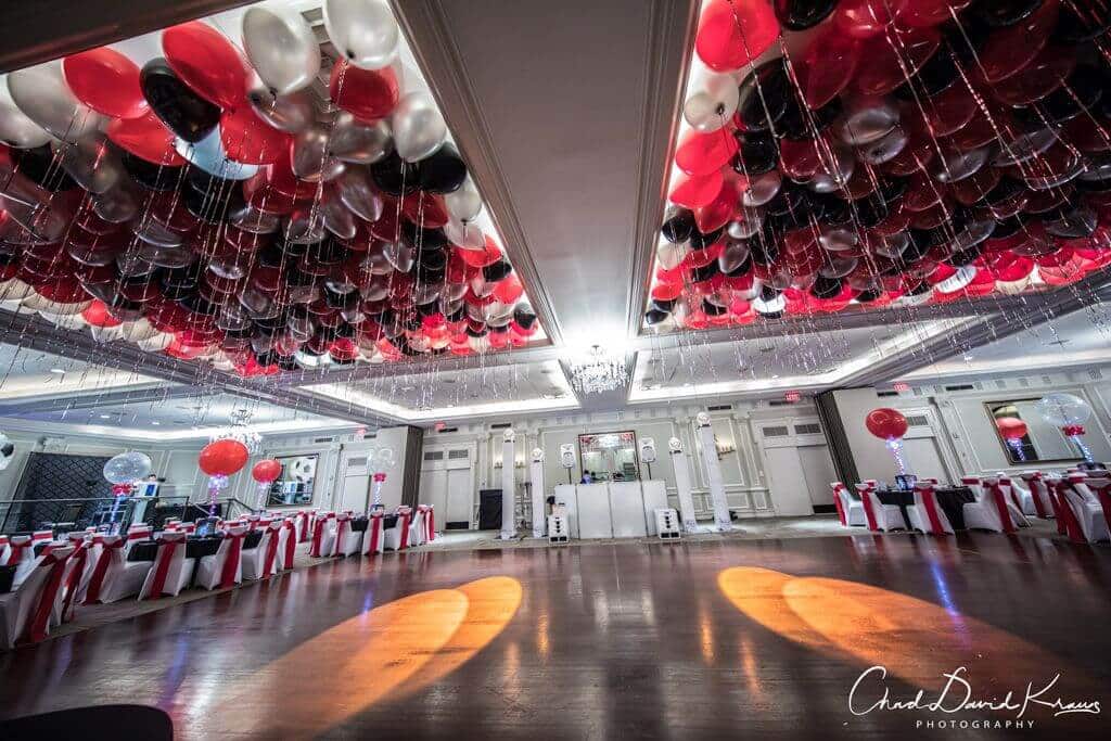 Red, Black and Silver Ceiling Balloons over Dance Floor with Shimmer Ribbon at The Westin, Morristown