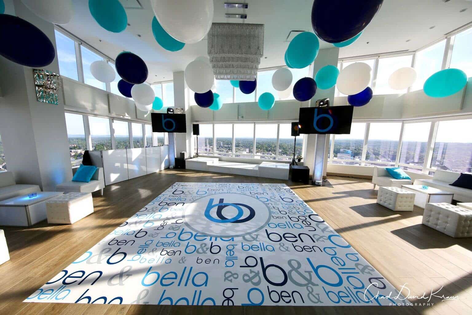 Navy, Turquoise and White Jumbo Balloons over Dance Floor at Kanopi