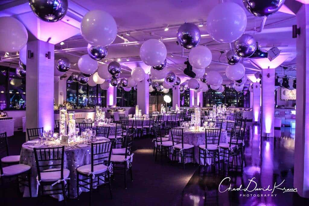 White and Silver Orbz Ceiling Treatment for Hollywood Themed Bat Mitzvah at Tribeca 360, NYC