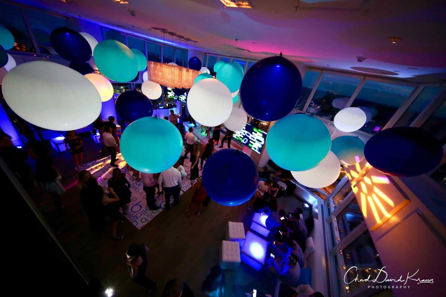 Navy, Turquoise and White Jumbo Balloons with LED Lights over Dance Floor at Kanopi