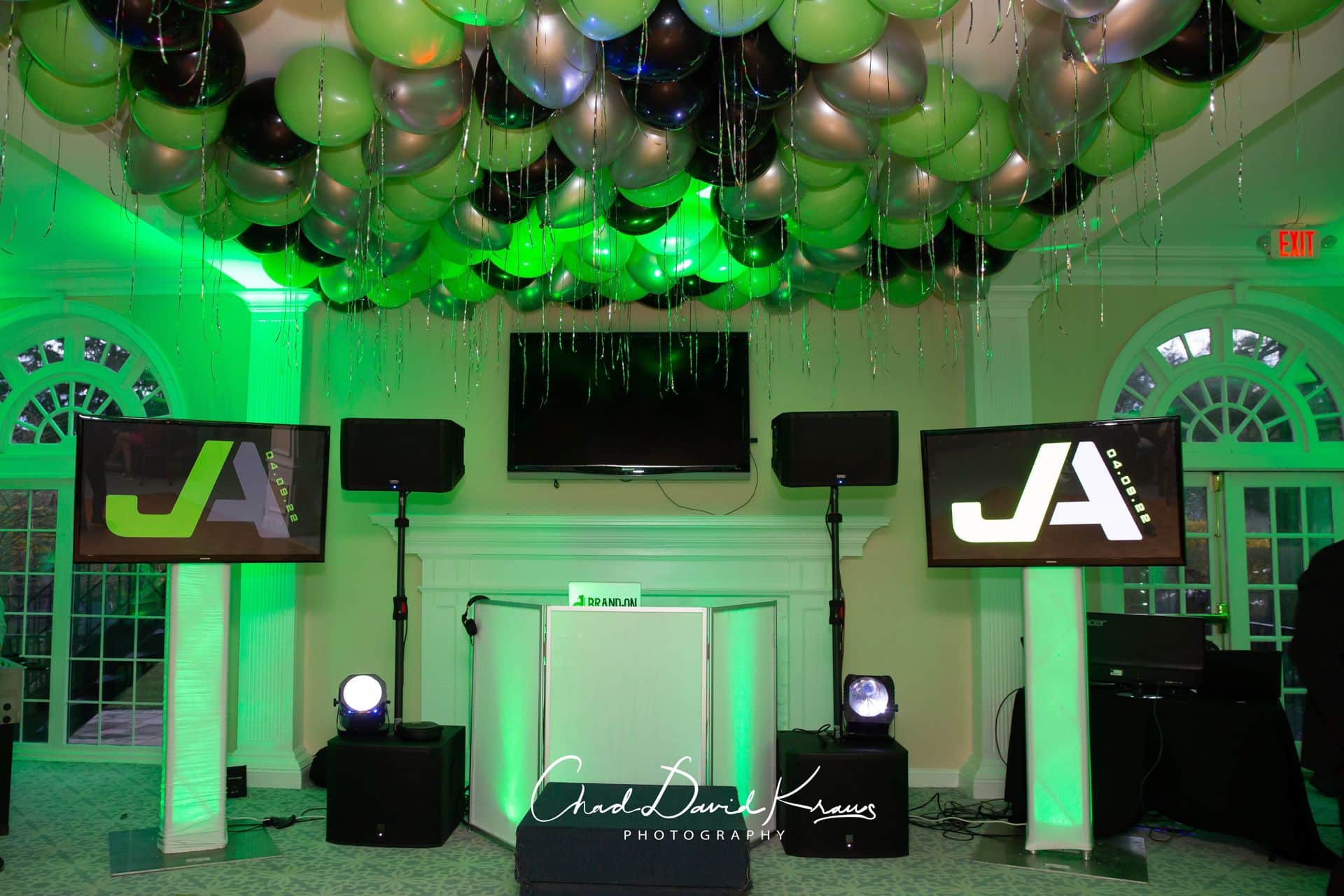Lime Green and Black Ceiling Balloons over Dance Floor at Fairview Country Club