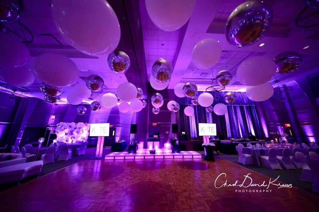 White and Silver Ceiling Balloon Treatment over Dance Floor for Bat Mitzvah at Kol Ami, White Plains