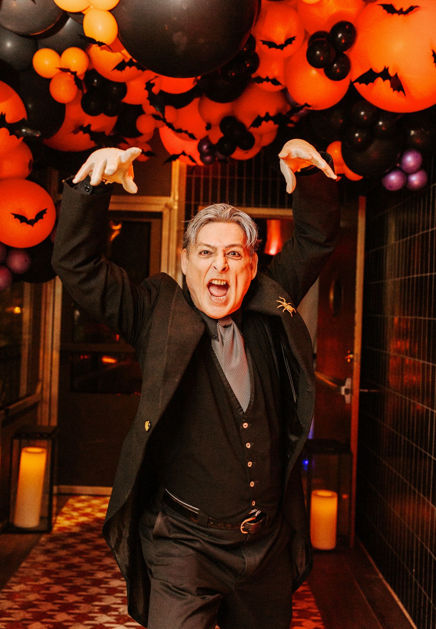 Amazing Balloon Garland Ceiling Sculpture with Bats Attached for Halloween Party Lobby Decor