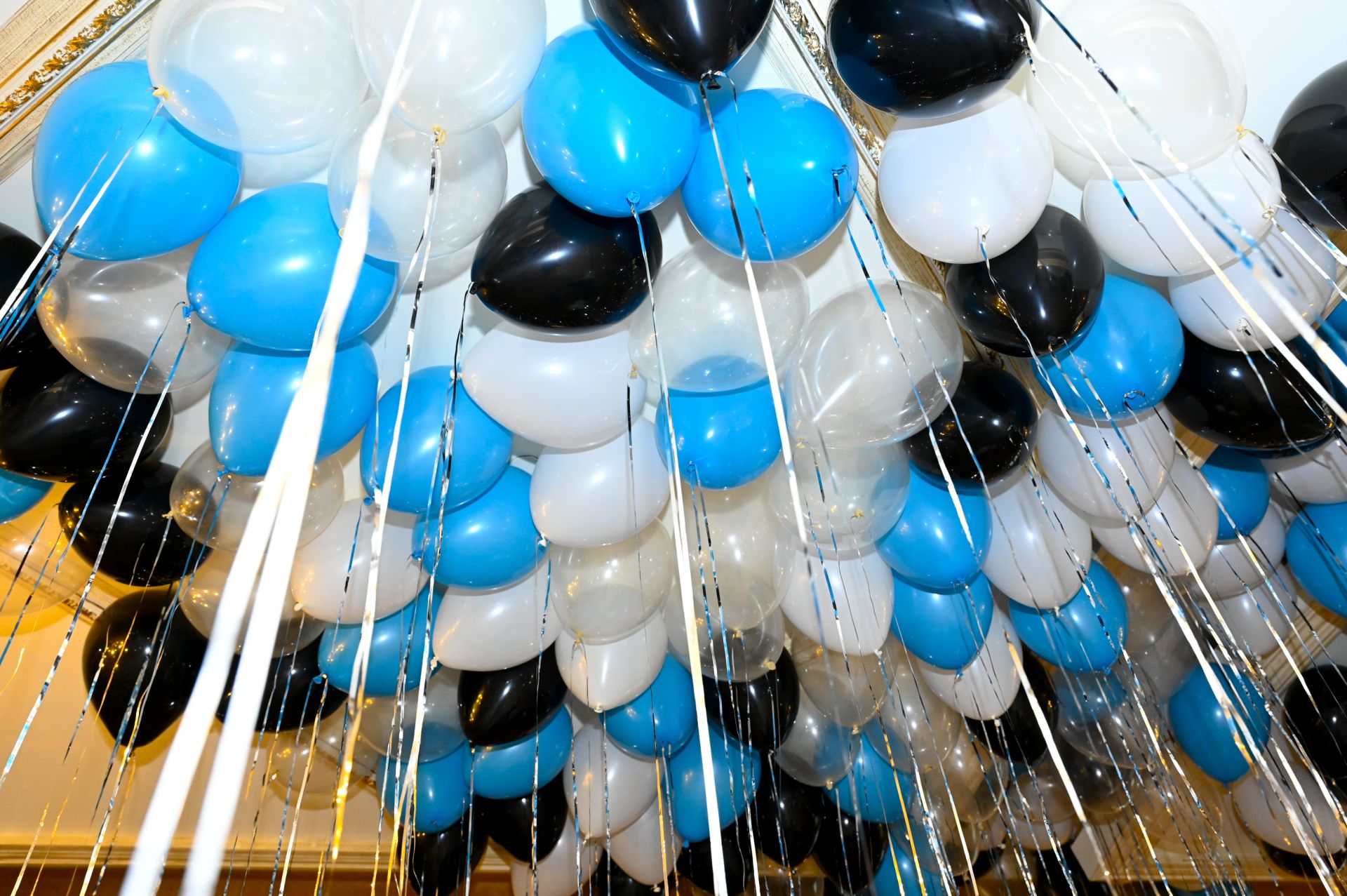 Loose Blue, Black and White Balloons Over Dance Floor for Bar Mitzvah Decor