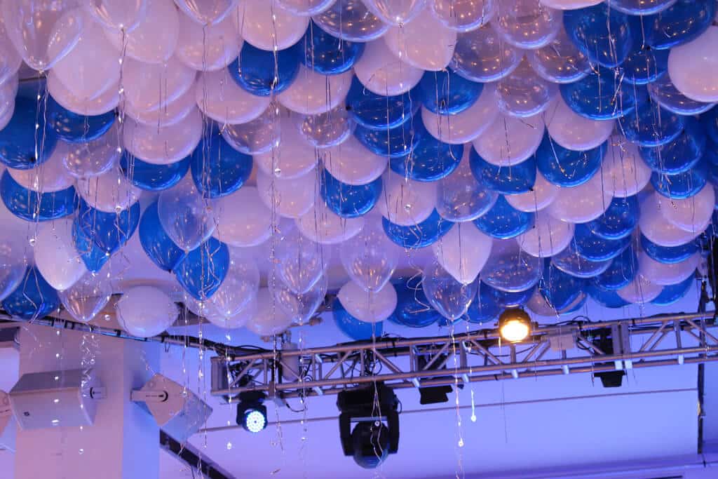 Blue and White Ceiling Balloons with Shimmer Ribbon and LED Sparkle Ribbon