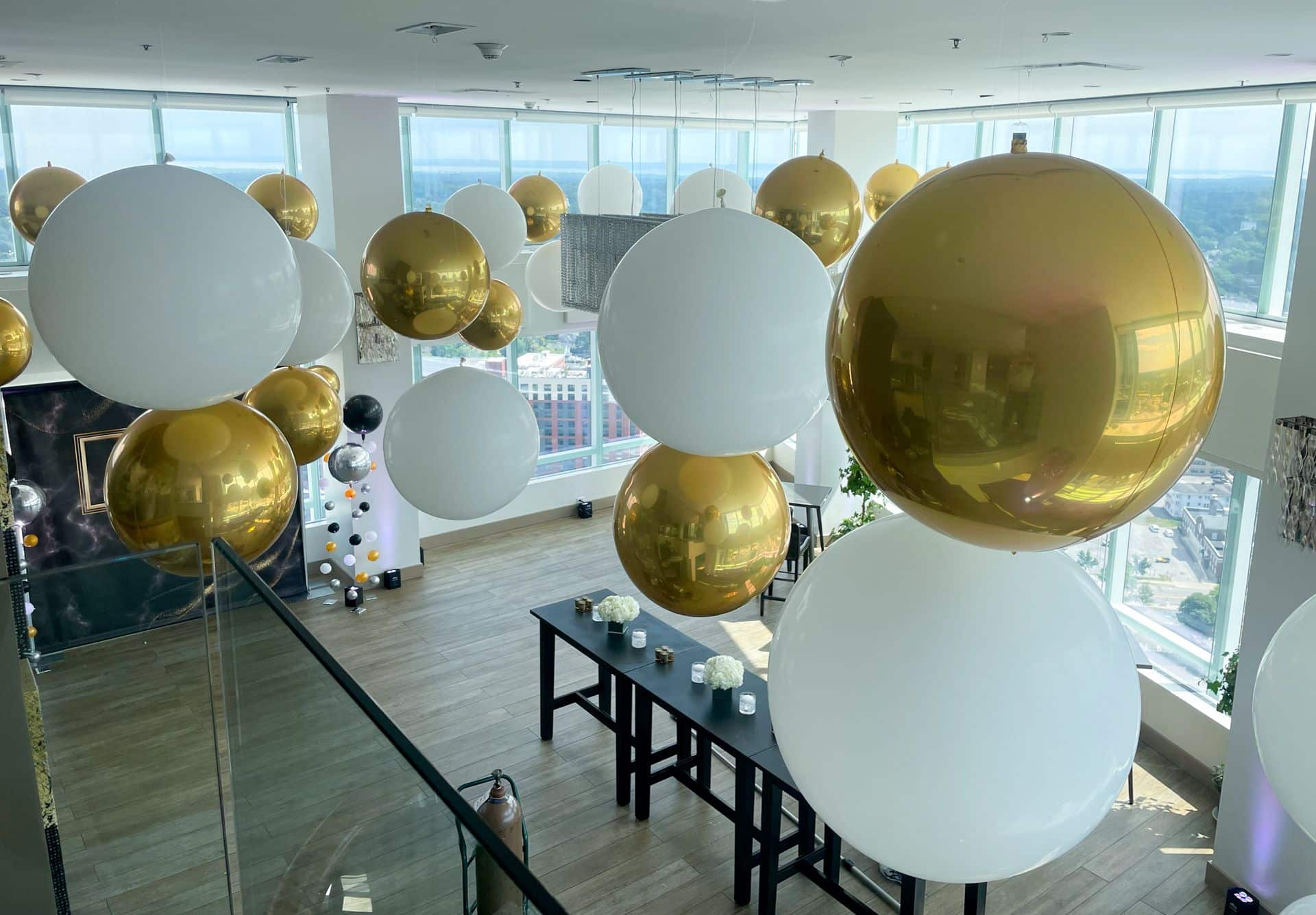 White and Gold Ceiling Balloons at Kanopi, White Plains