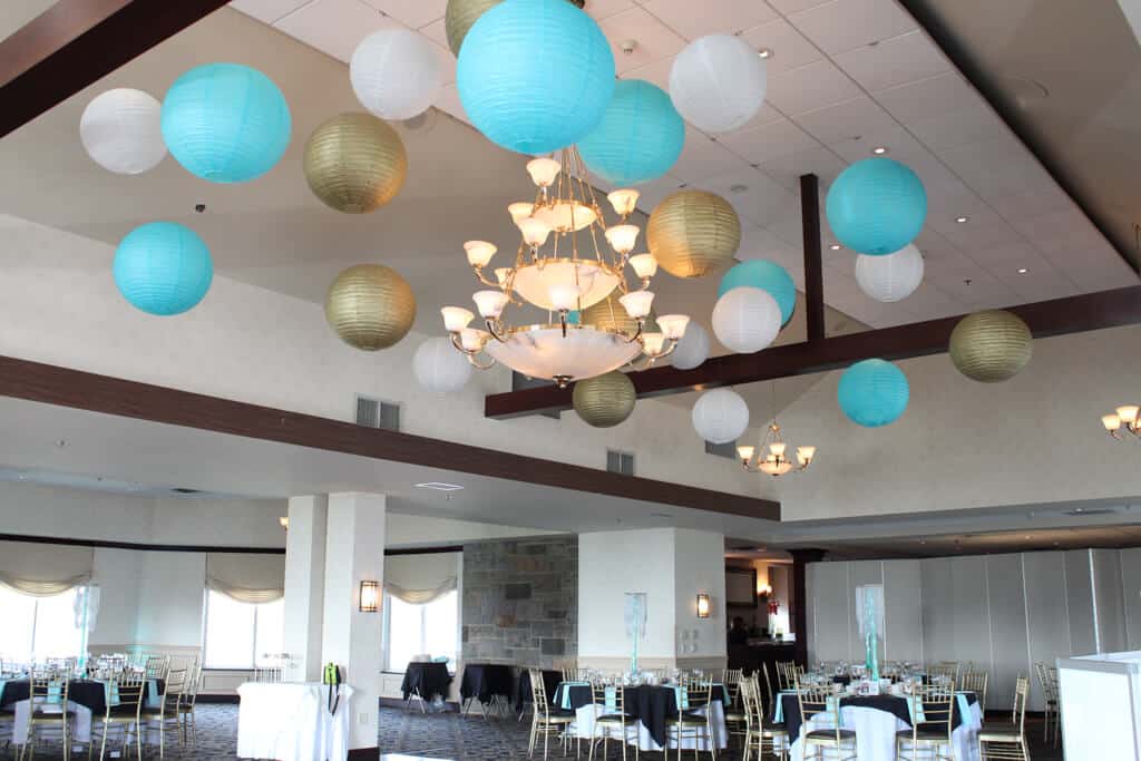 Turquoise, Gold and White Lanterns over Dance Floor at Patriot Hills
