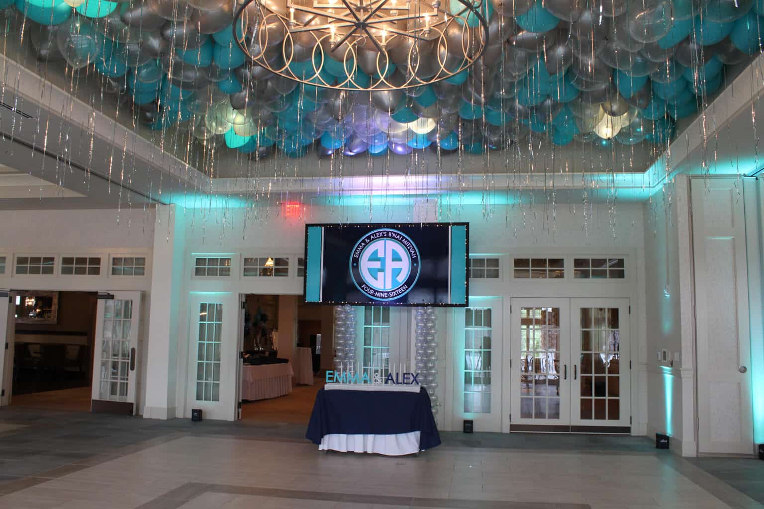 Turquoise and Silver Ceiling Balloons with Shimmer Ribbon over Dance Floor at Indian Trails Club