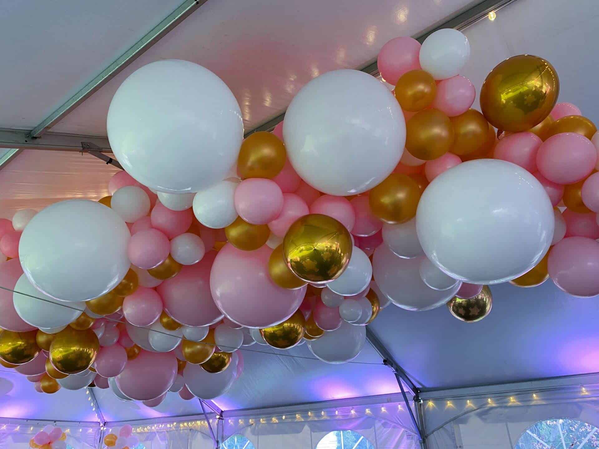 Organic Balloon Garland on Ceiling for Tent Outdoor Bat Mitzvah Decor