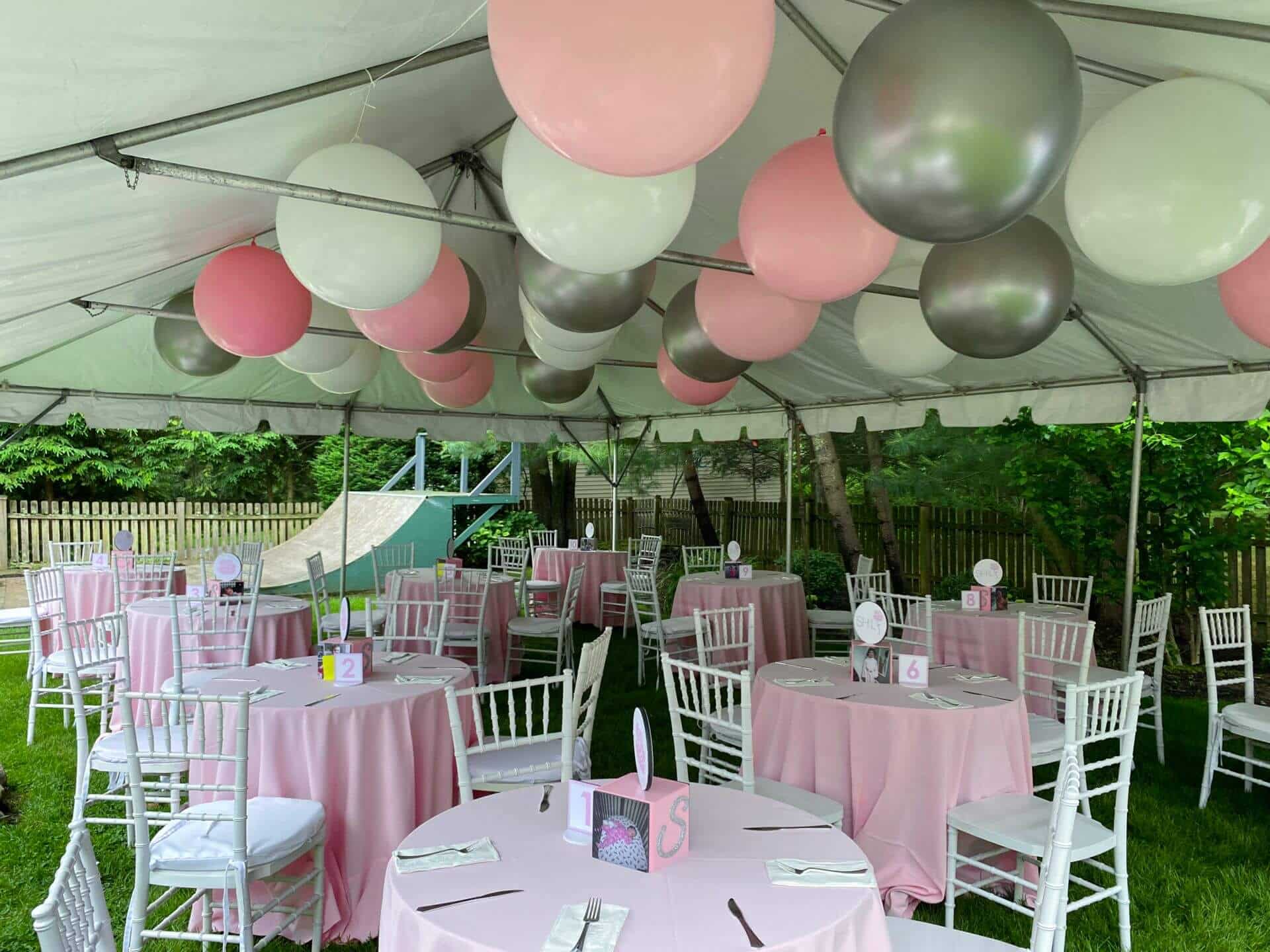 While, Baby Pink and Silver 3' Balloons on Tent Ceiling For Outdoor Bat Mitzvah Decor