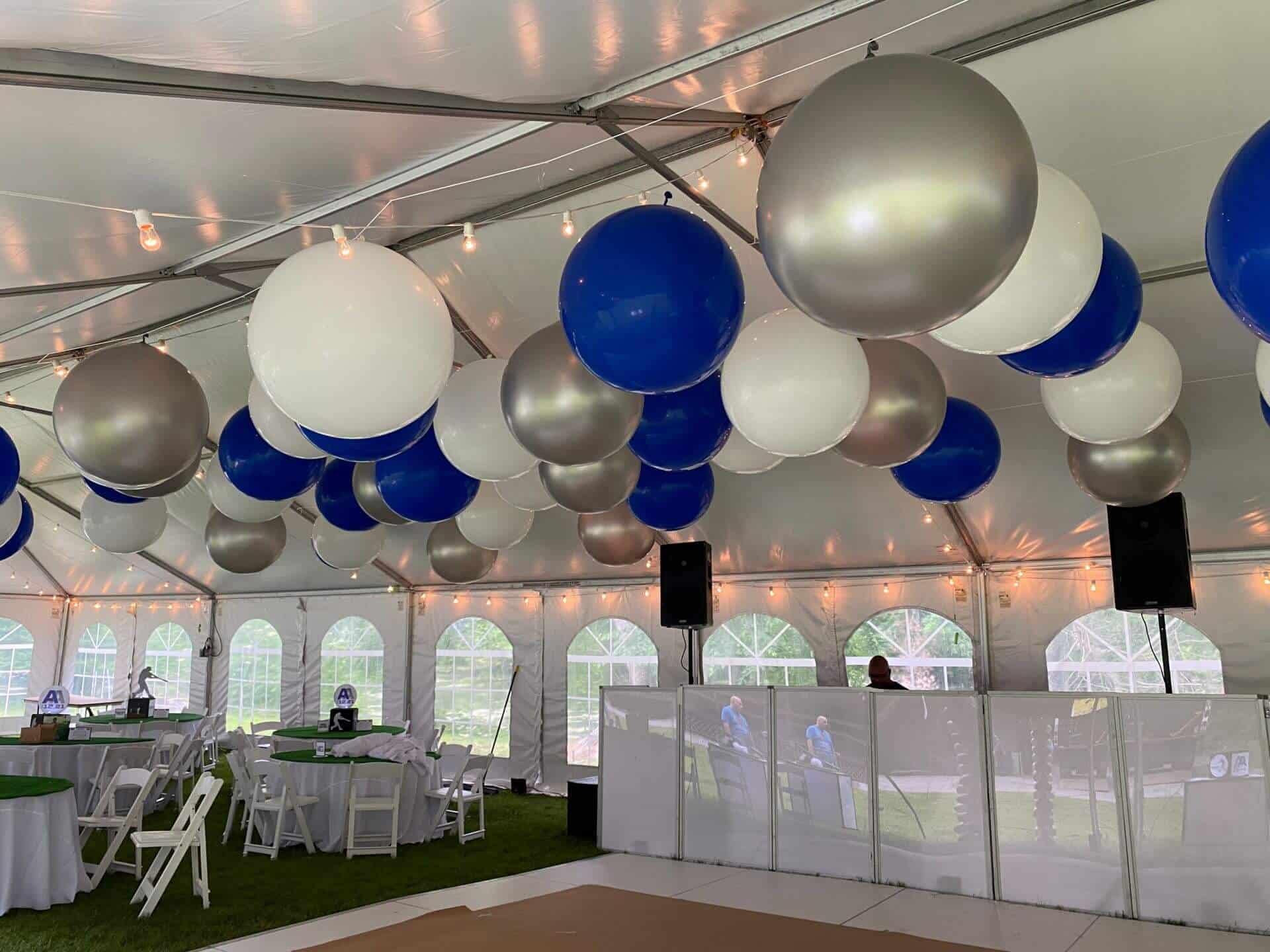 While, Navy Blue and Silver Large Balloons on Tent Ceiling For Outdoor BarMitzvah Decor