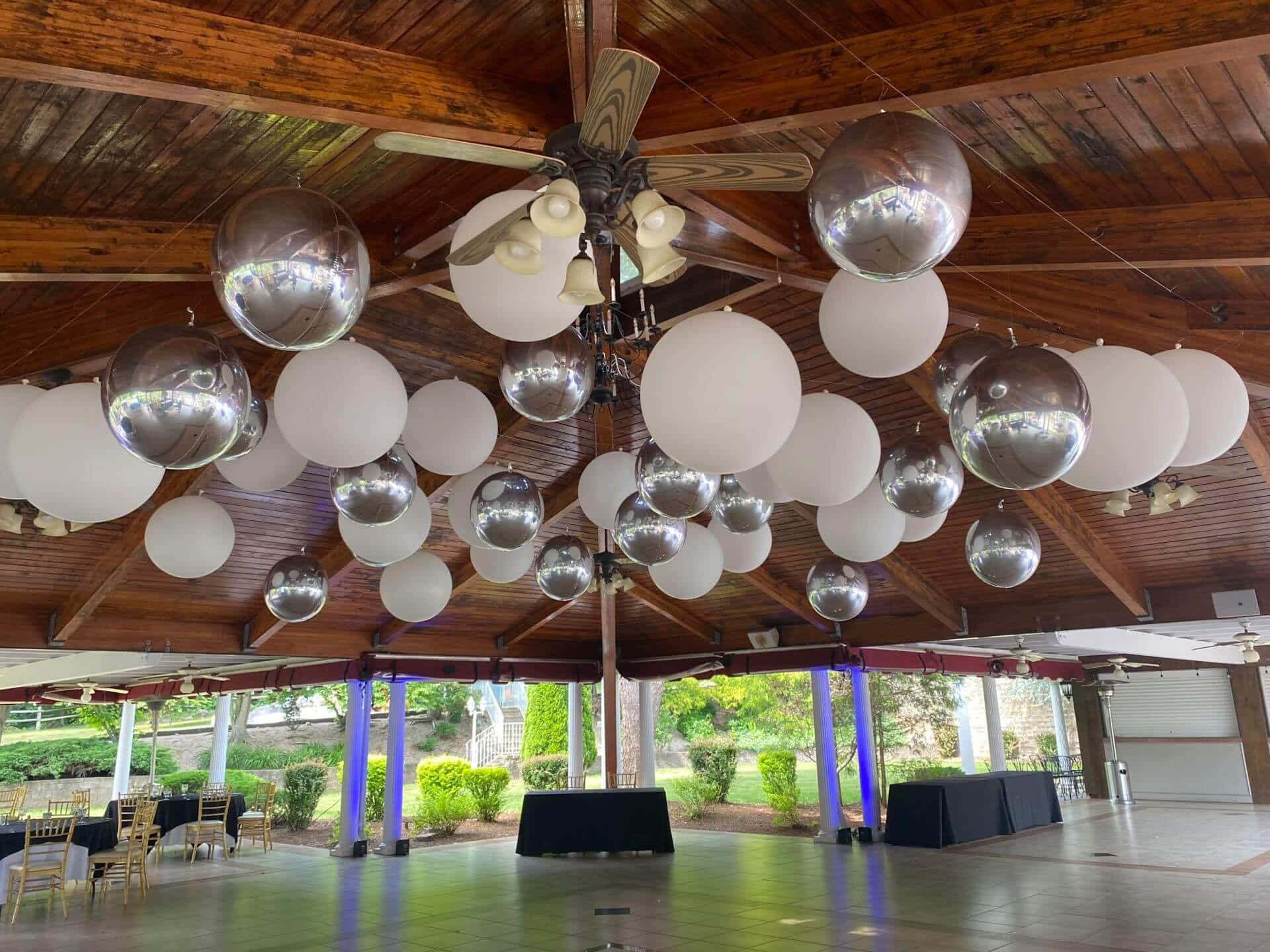 White 3' Balloons and Silver Metallic Orbz over Dance Floor for Bat Mitzvah