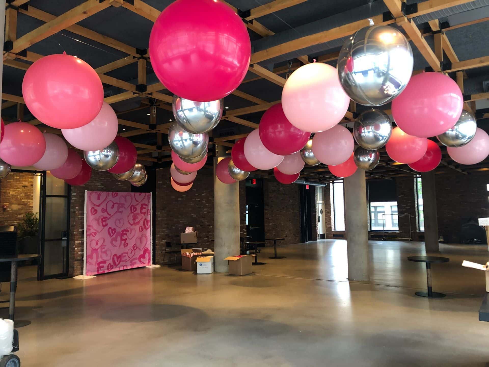 Shades of Pink 3' Balloons and Silver Metallic Orbz over Dance Floor for Bat Mitzvah at Second Floor, NYC
