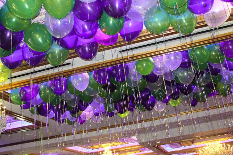 Purple and Lime Ceiling Balloons with Shimmer Ribbon