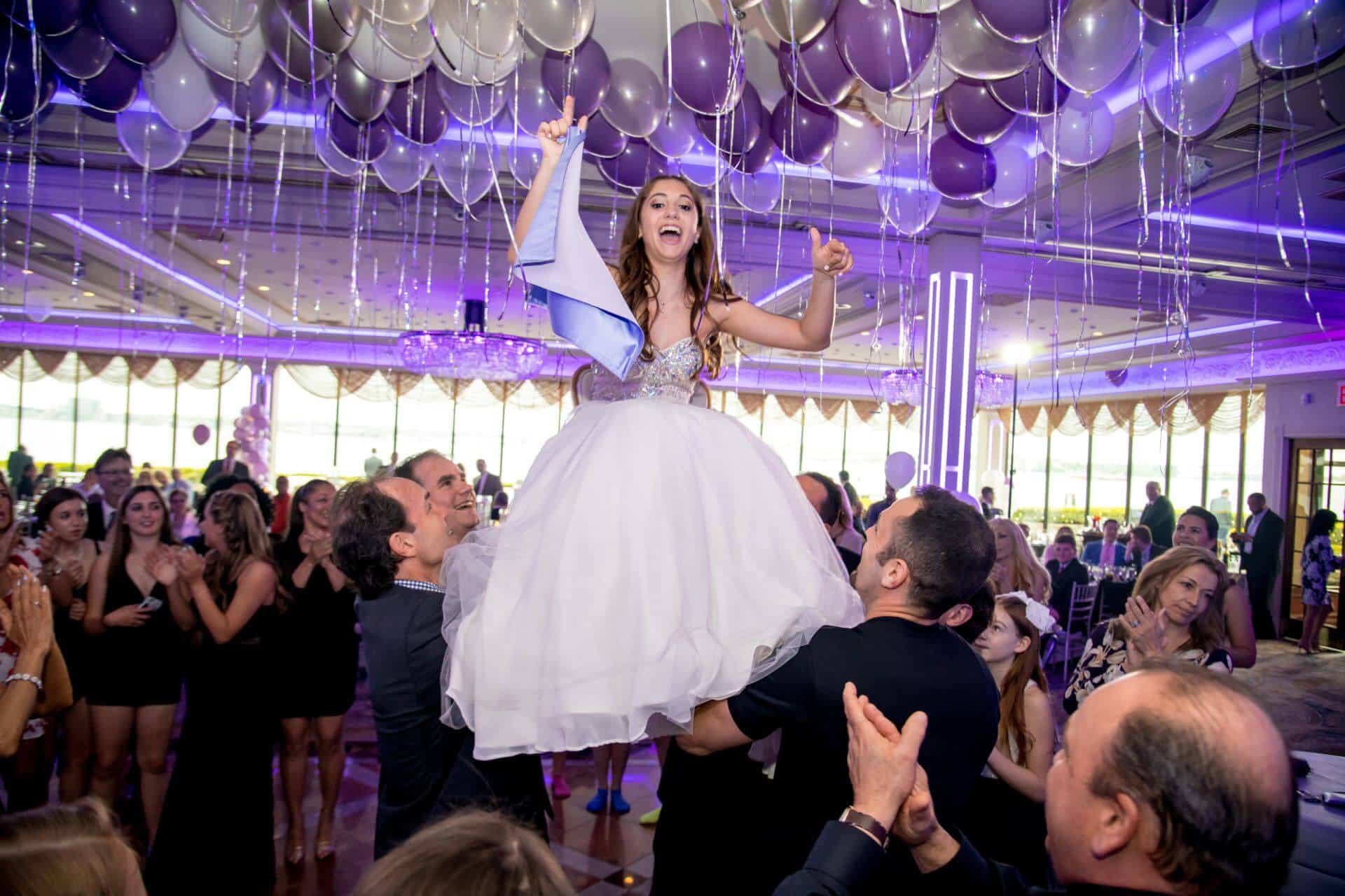 Lavender, Silver and White Ceiling Balloons with Shimmer Ribbon for Bat Mitzvah at Marina Del Ray