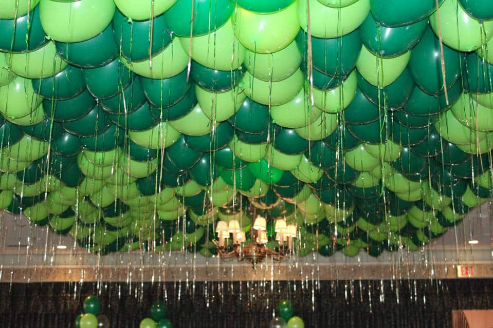 Dark Green and Lime Green Loose Ceiling Balloons with Silver Shimmer Ribbon