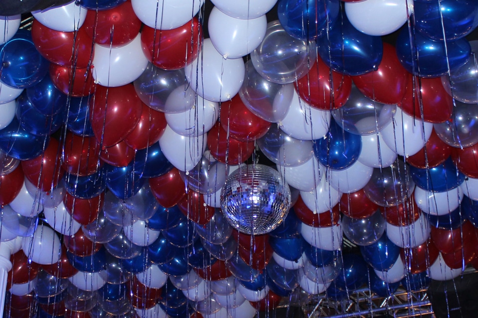 Red, White and Blue Ceiling Balloons with Shimmer Ribbon