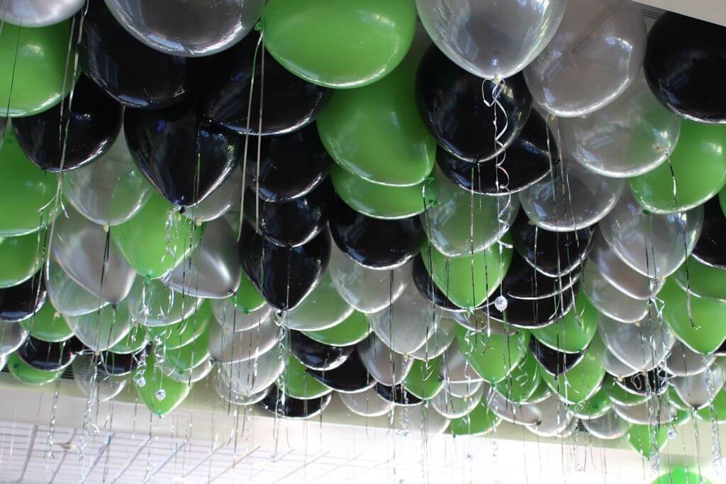 Lime, Black and Silver Ceiling Balloons with Shimmer Ribbon