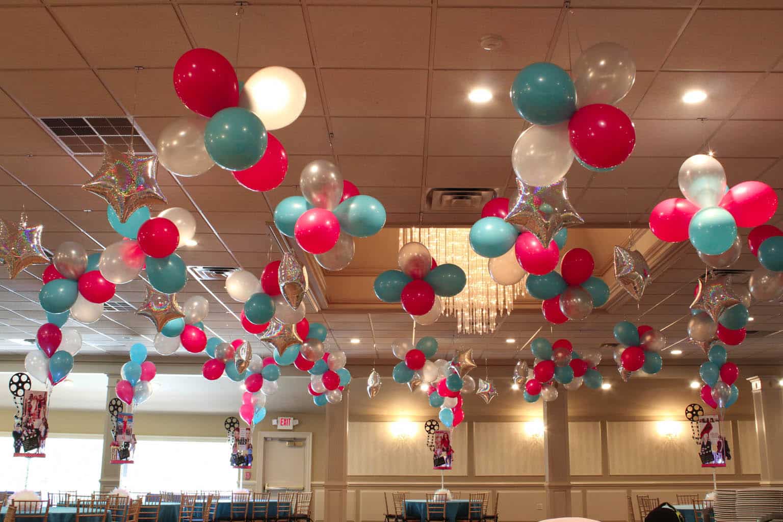 Pink and Turquoise Clusters and Dazzle Star Balloons over Dance Floor