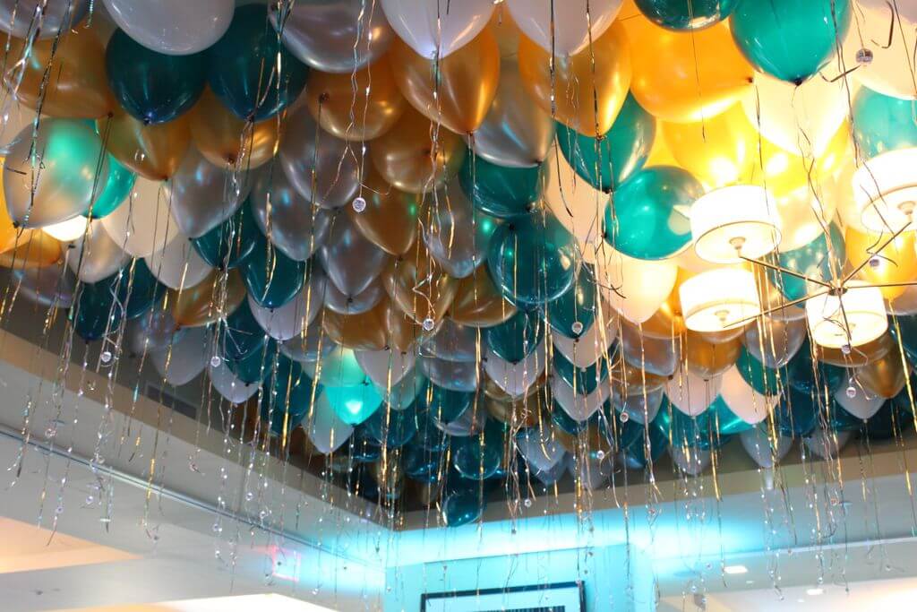 Gold, Teal and Silver Balloons over Dance Floor with Shimmer Ribbon at Columbia Faculty House